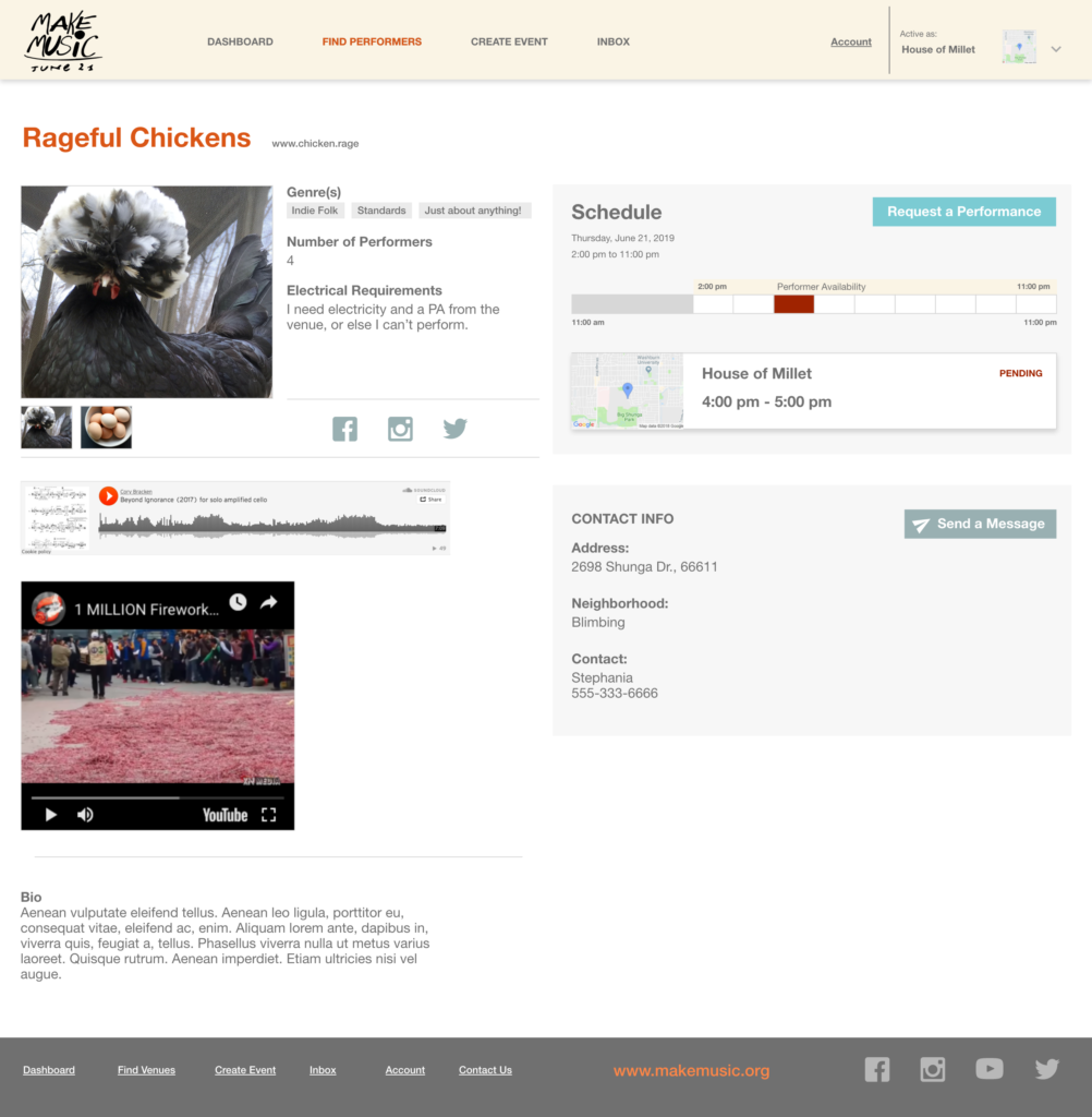 Webpage showing a profile for a performer called "Rageful Chickens". The page features a performer image and basic profile info, the performer's schedule, contact info and embedded linked for a song on SoundCloud and a music video on YouTube.
